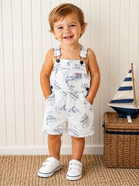 Vintage OshKosh B’Gosh Vestbak Sailboat Shortalls 2T Nautical USA Kids Overalls